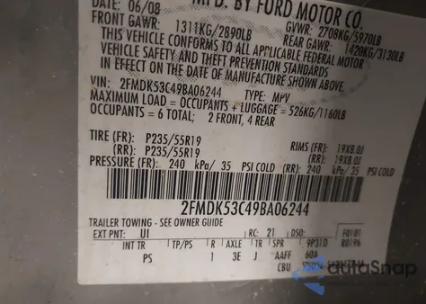 2009 Ford Flex Limited из США, поврежденный, VIN 2FMDK53C49BA06244